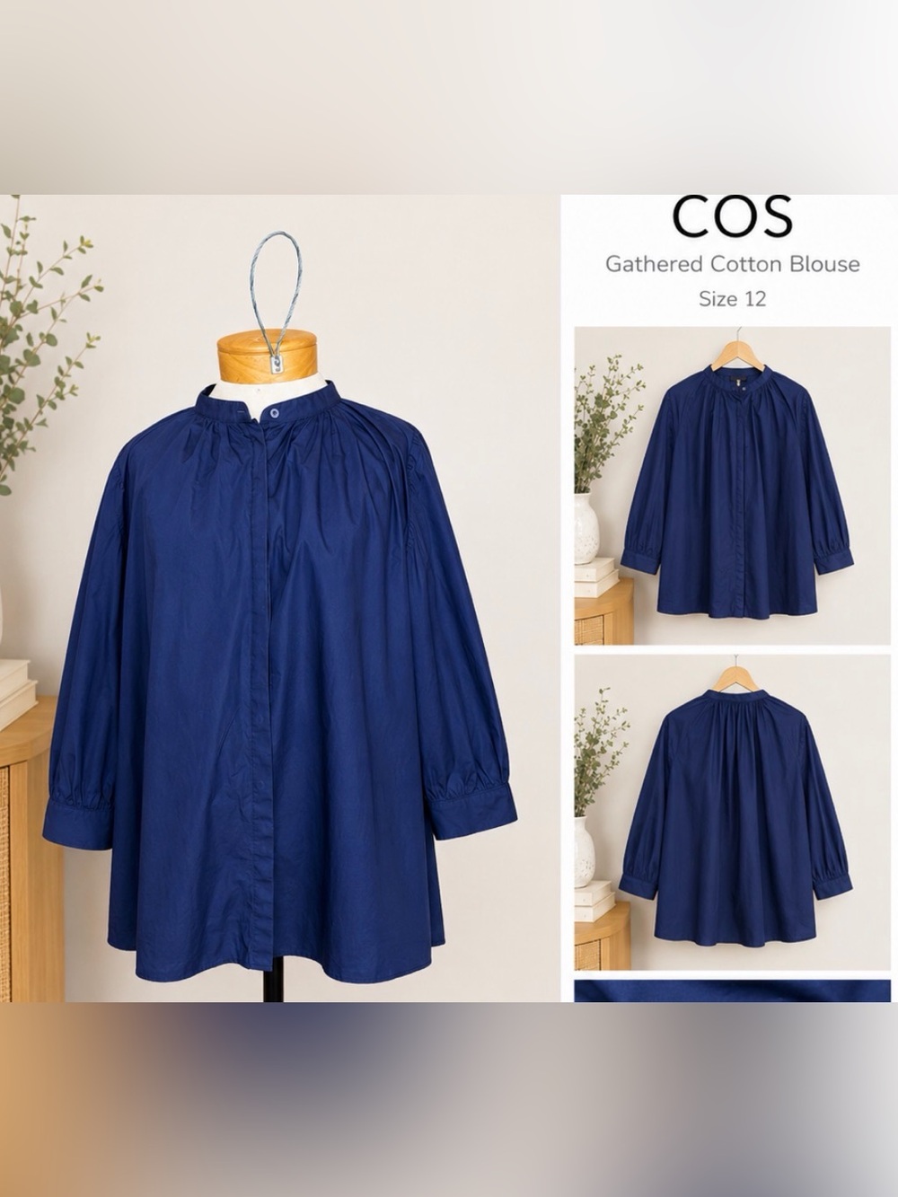 COS Navy Gathered Cotton Blouse | Size 12 | Minimalist Oversized Top - Picture 2 of 3